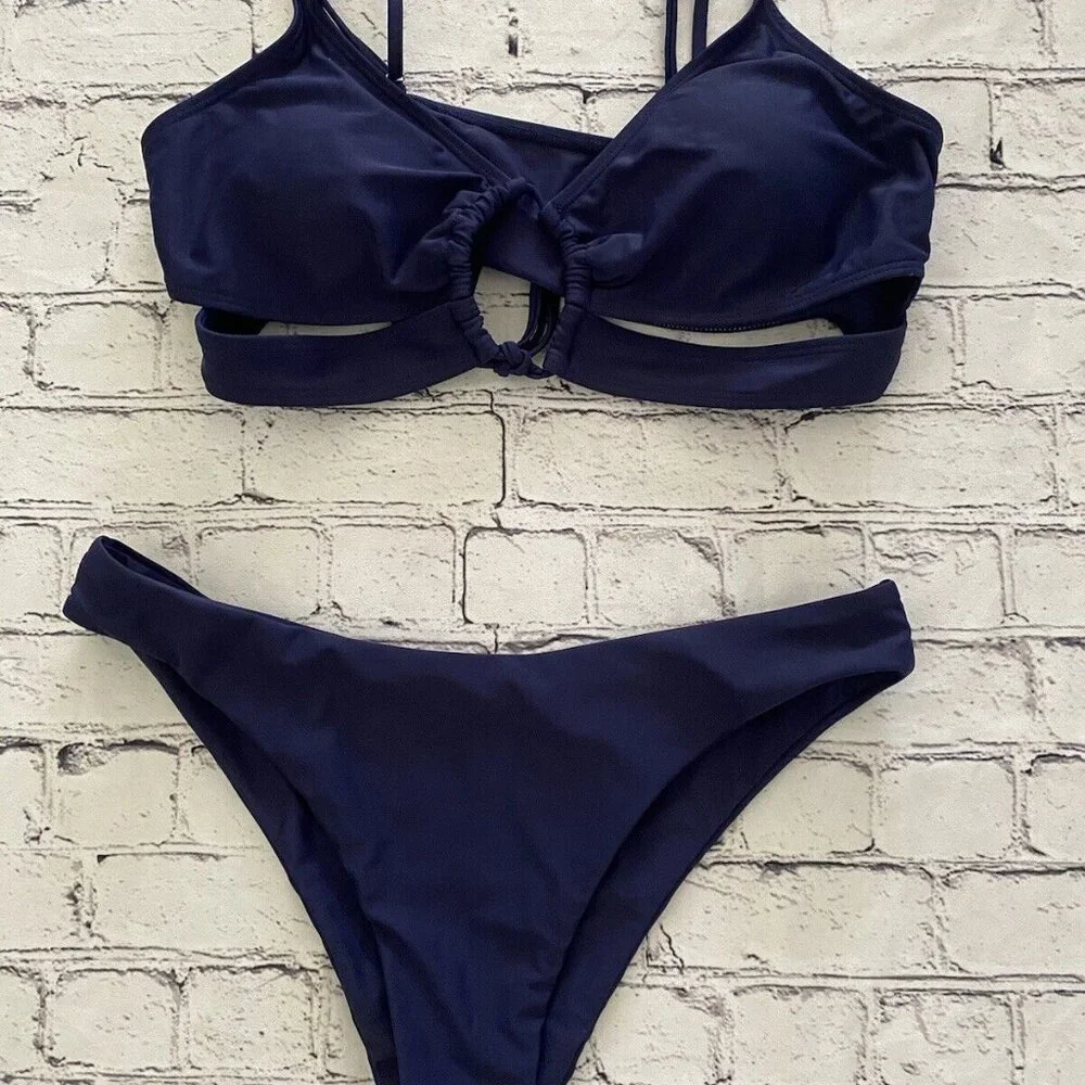 Zaful Navy Blue 2 Piece Keyhole Front Bikini Set Women's Size‎ 8/L Cut Out NWOT